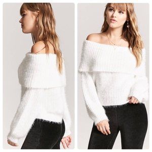 NWT Forever 21 Ivory Eyelash Fuzzy Off-Shoulder Cozy Sweater, Small